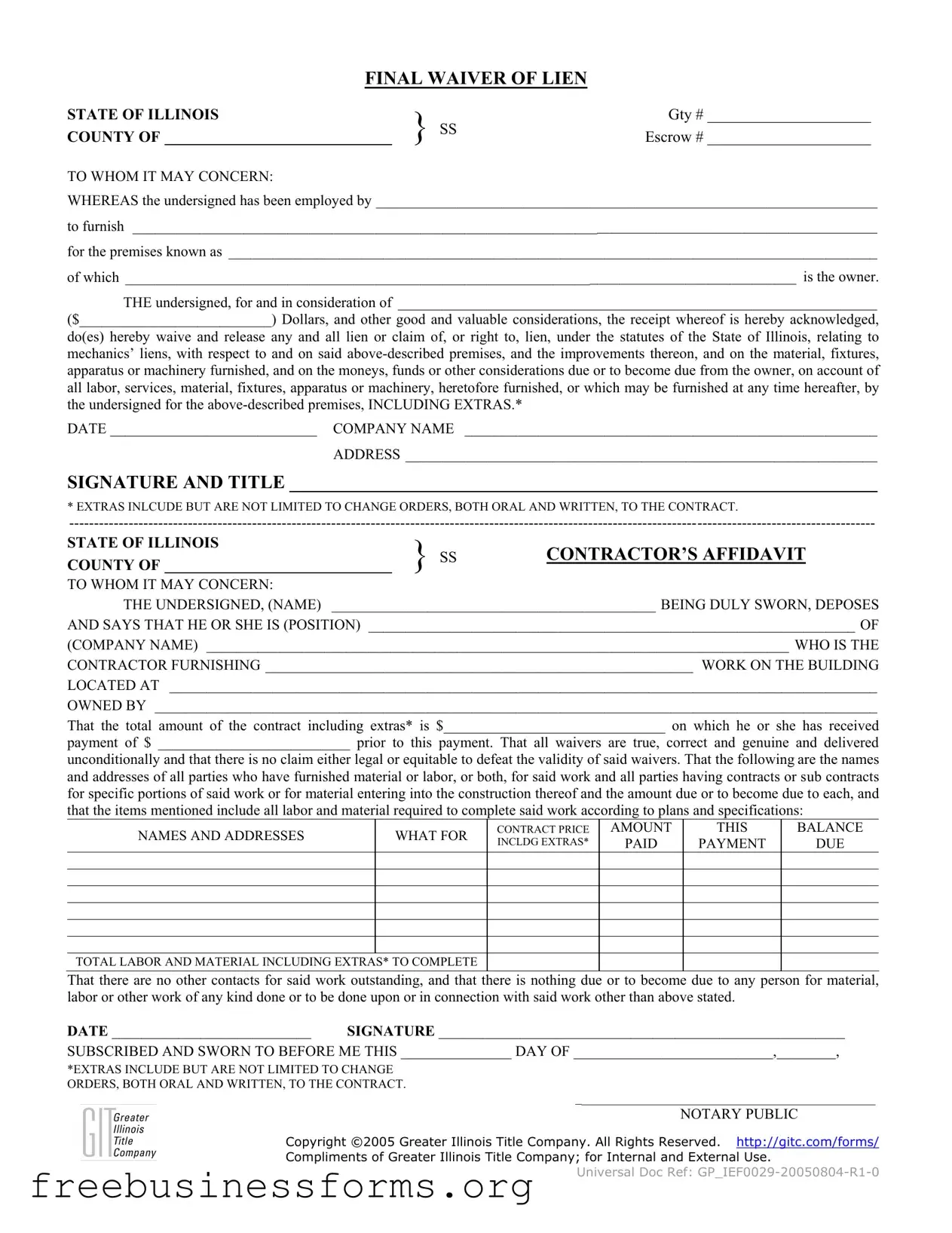 Official Illinois Final Waiver Of Lien Form in PDF