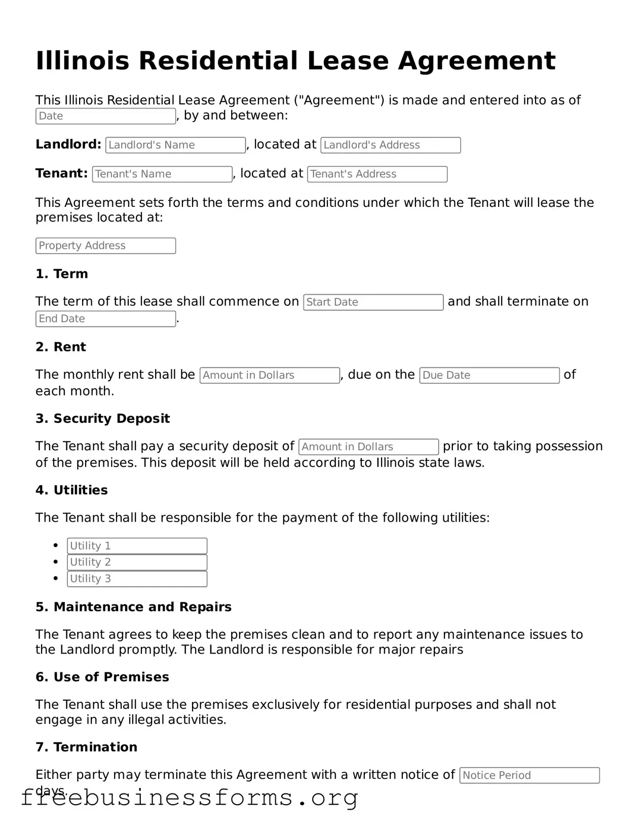 Blank Residential Lease Agreement Template for Illinois