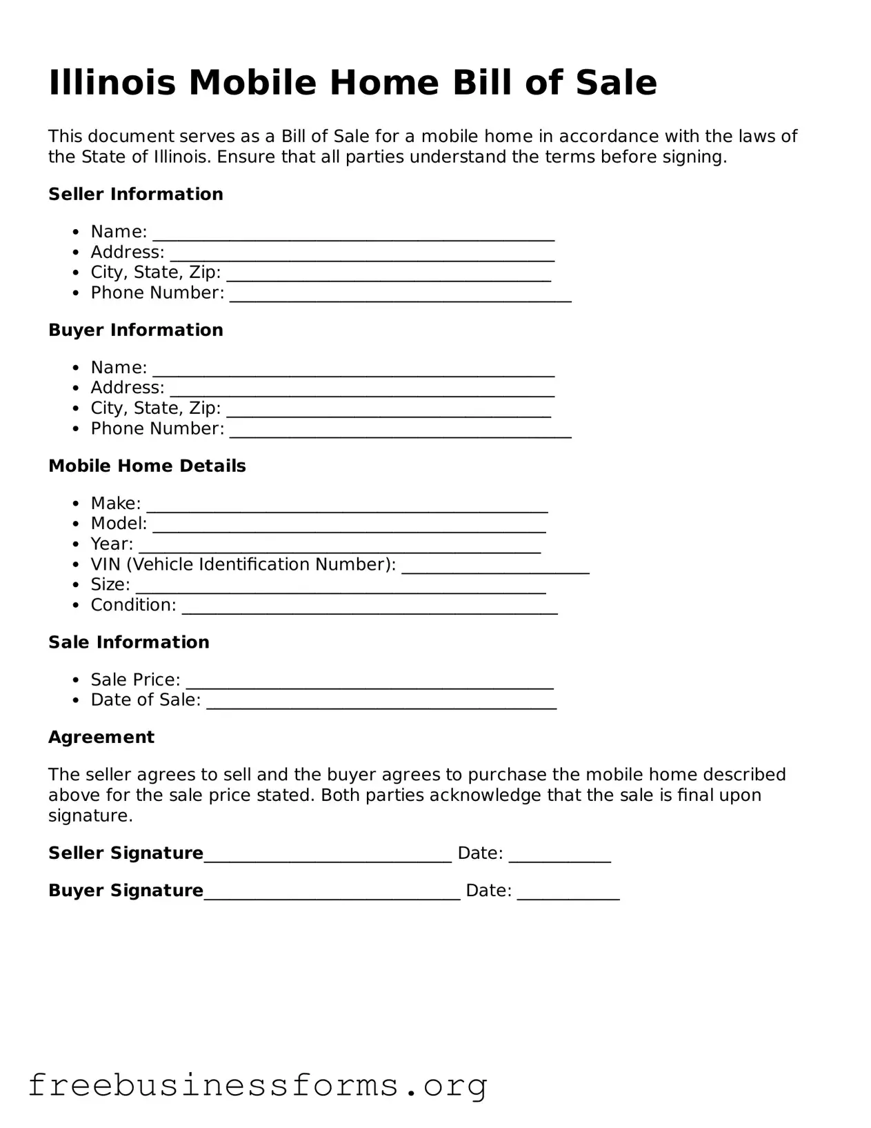 Blank  Mobile Home Bill of Sale Template for Illinois