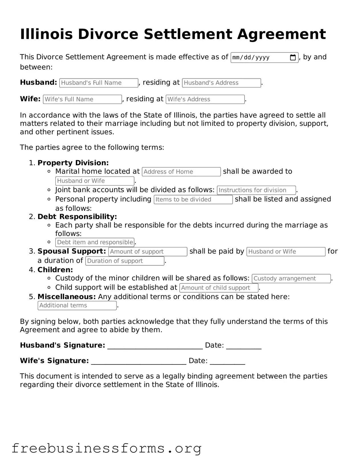 Blank Divorce Settlement Agreement Template for Illinois