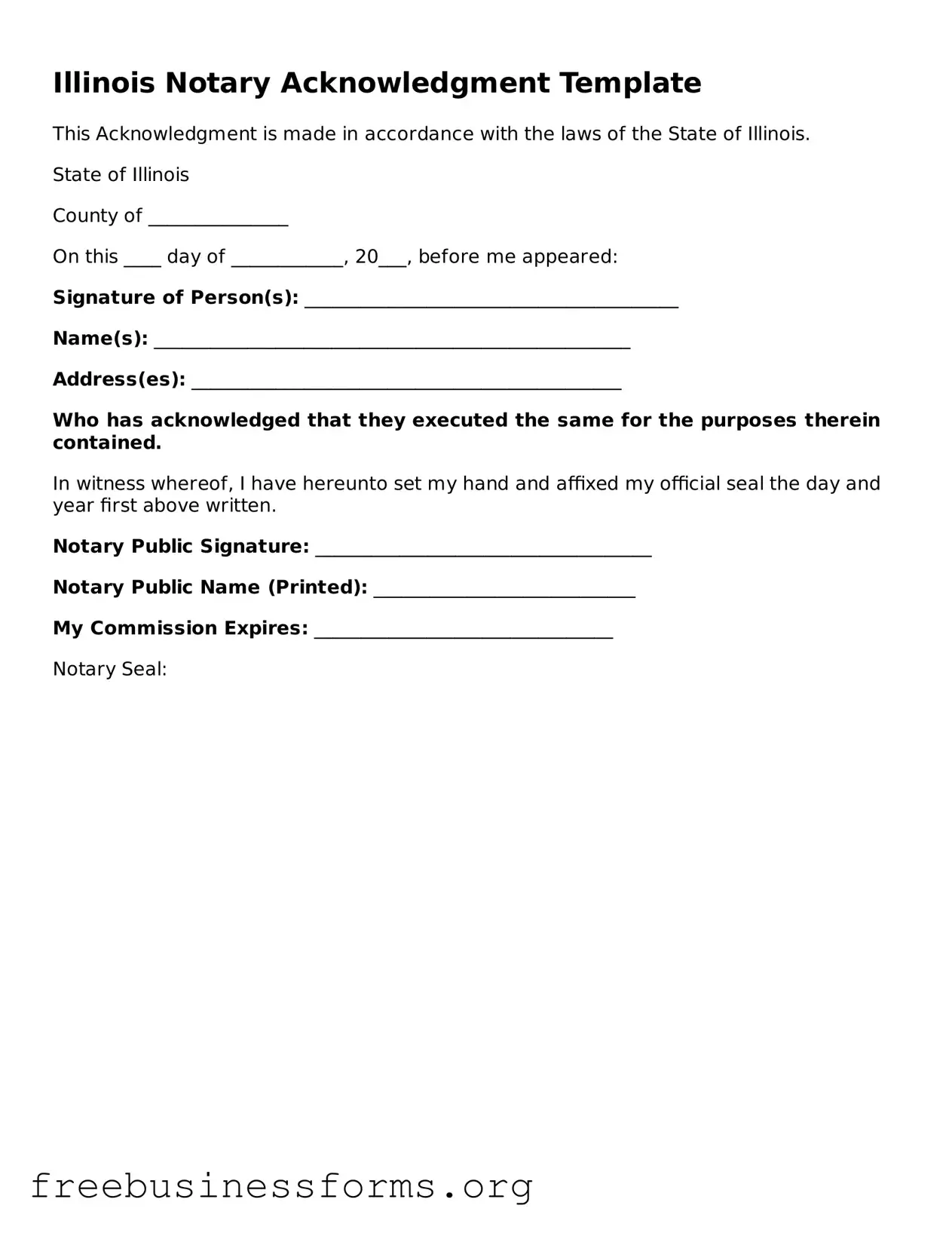 Blank  Notary Acknowledgement Template for Illinois