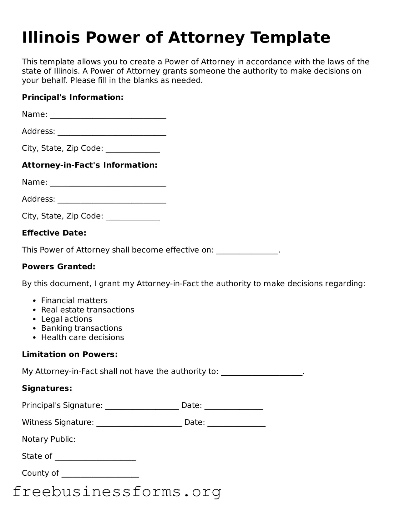 Blank  Power of Attorney Template for Illinois