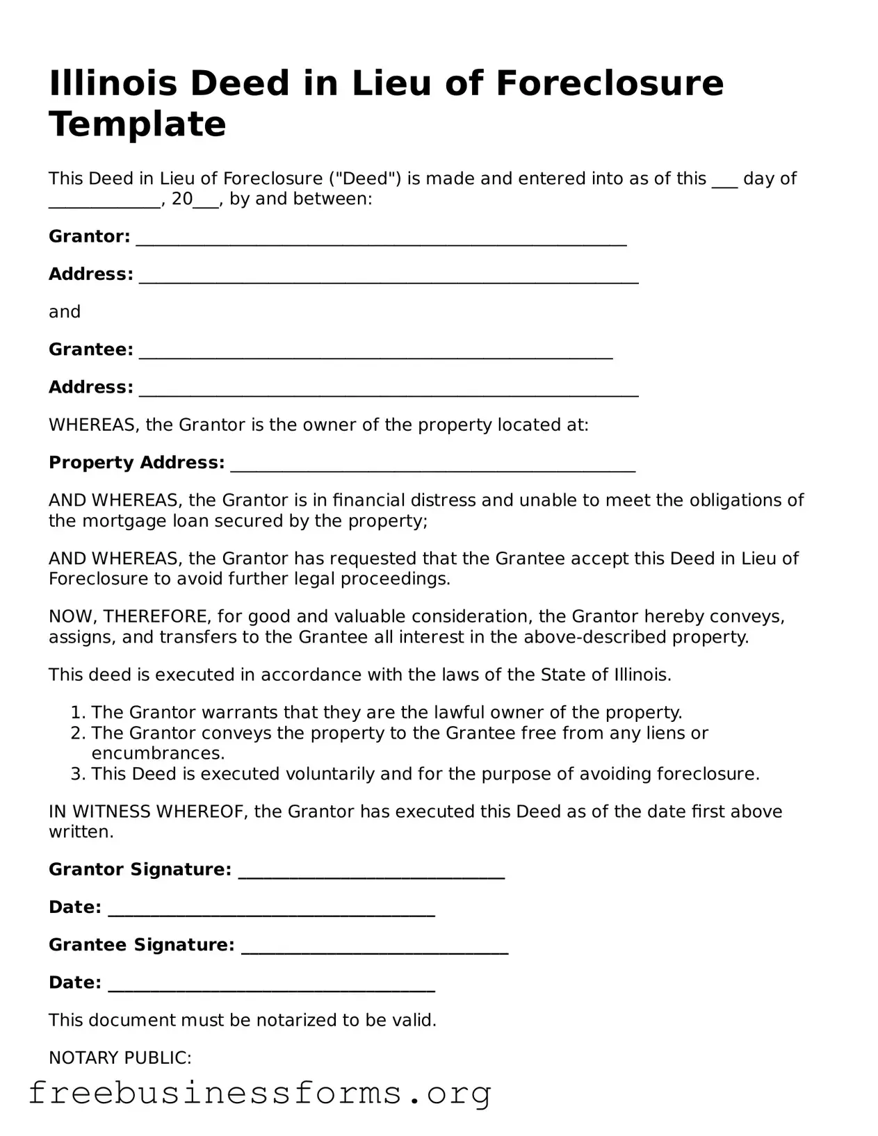 Blank  Deed in Lieu of Foreclosure Template for Illinois