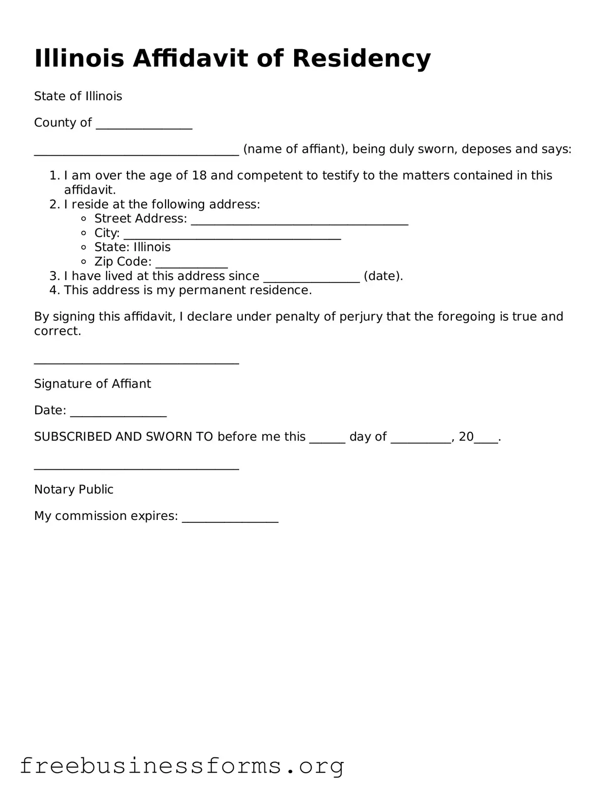 Blank Affidavit of Residency Template for Illinois
