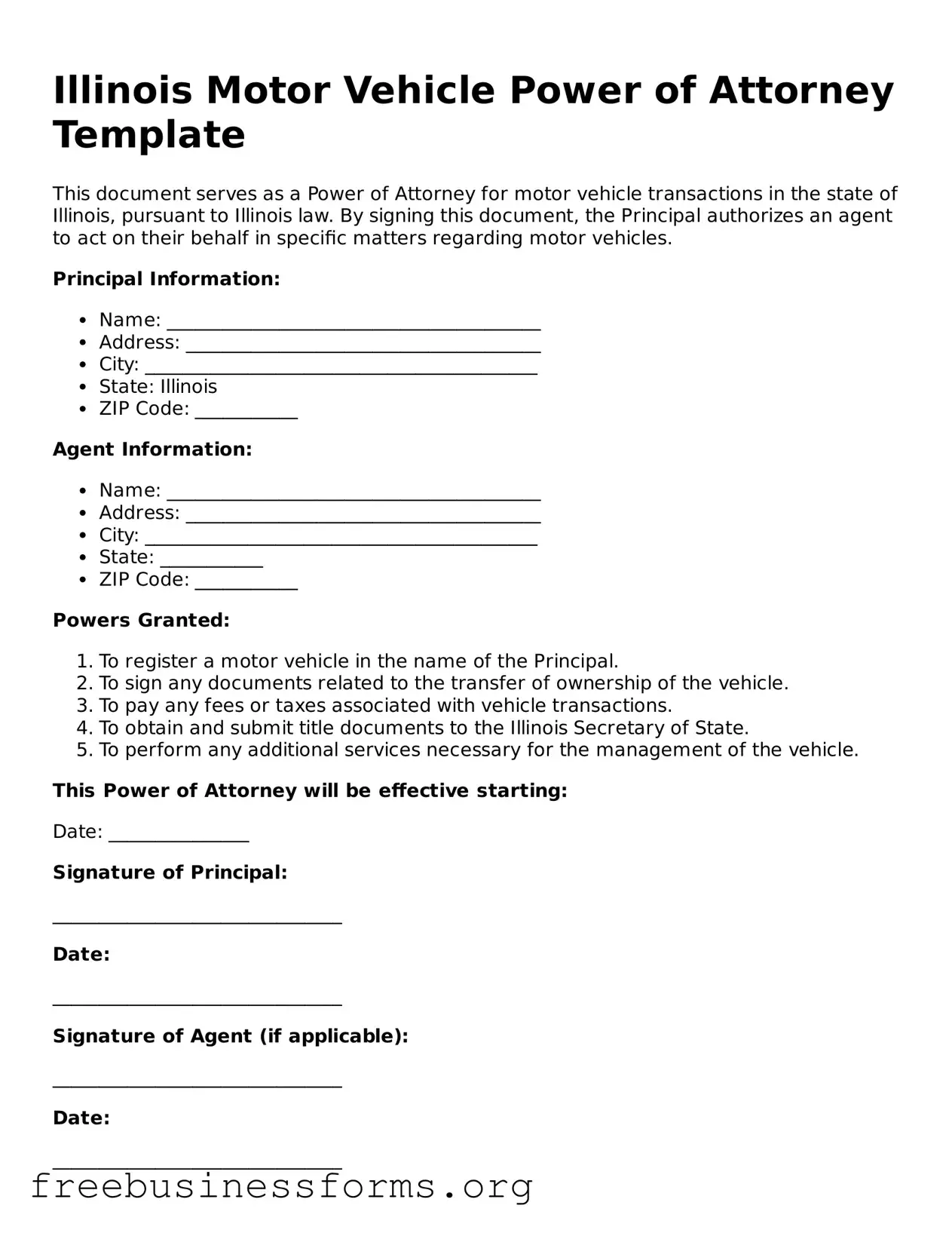 Blank  Motor Vehicle Power of Attorney Template for Illinois