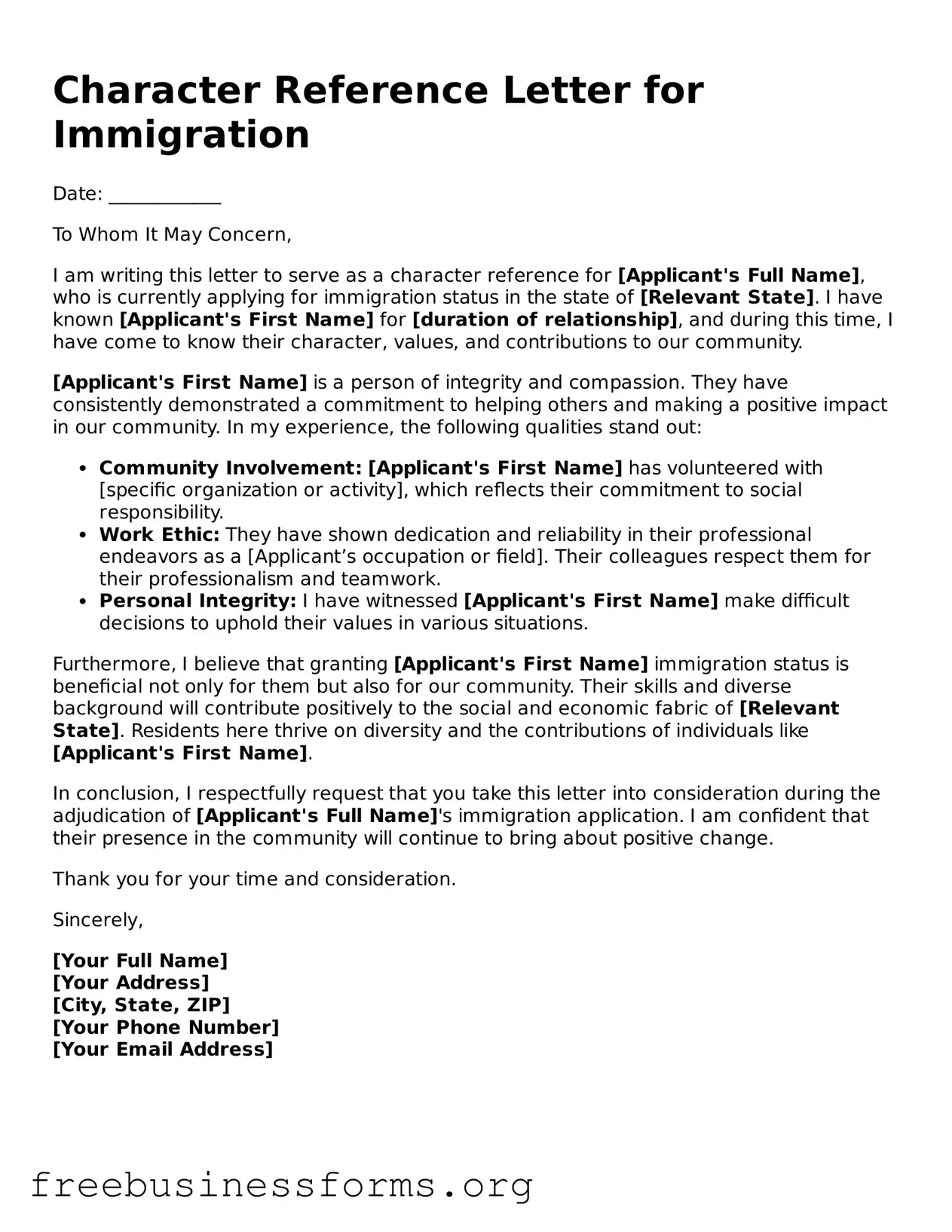 Official Character Reference Letter for Immigration Form