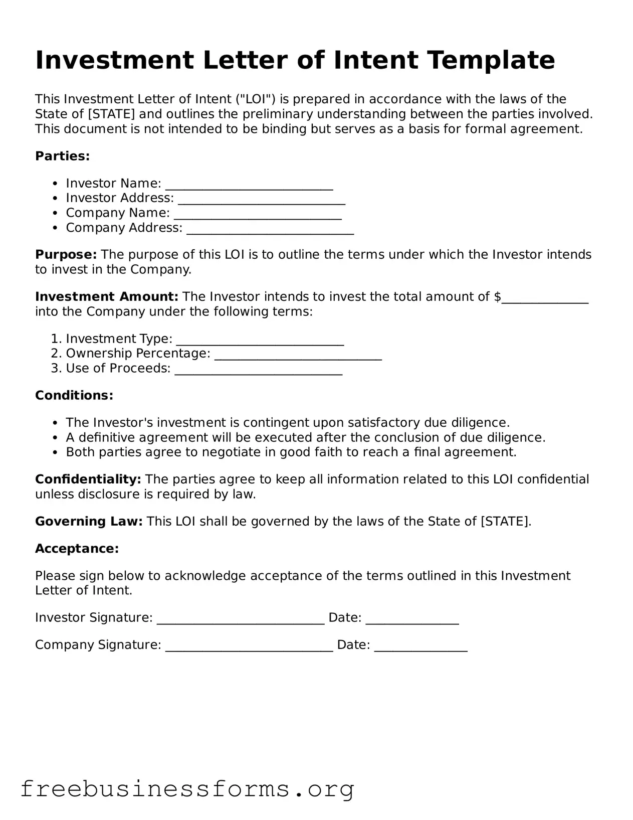 Official Investment Letter of Intent Form