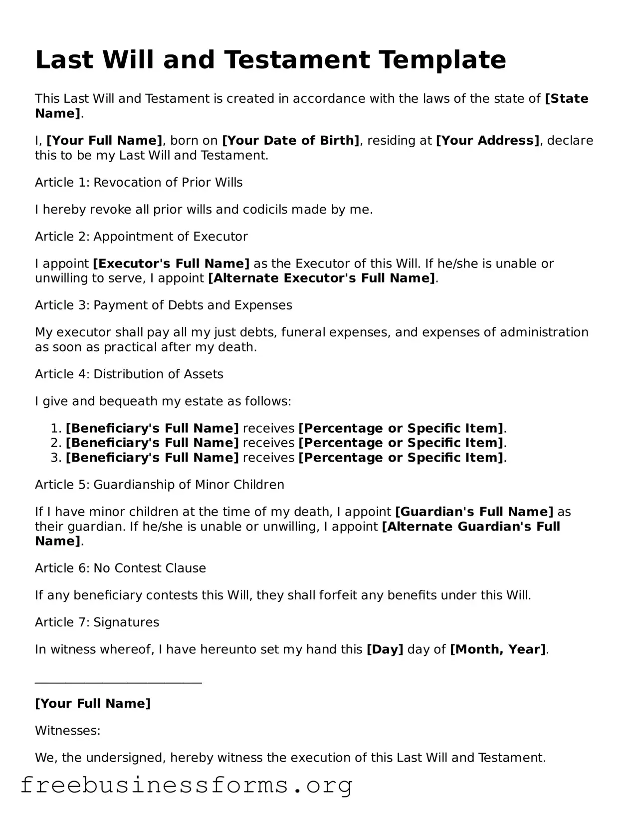 Official Last Will and Testament Form