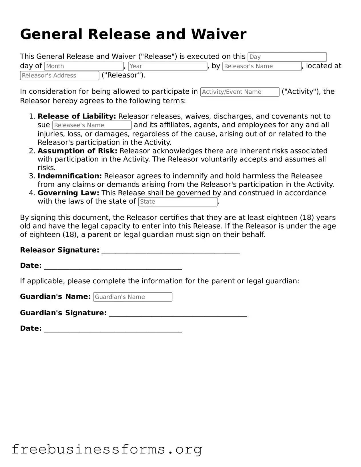 Official General Release and Waiver Form