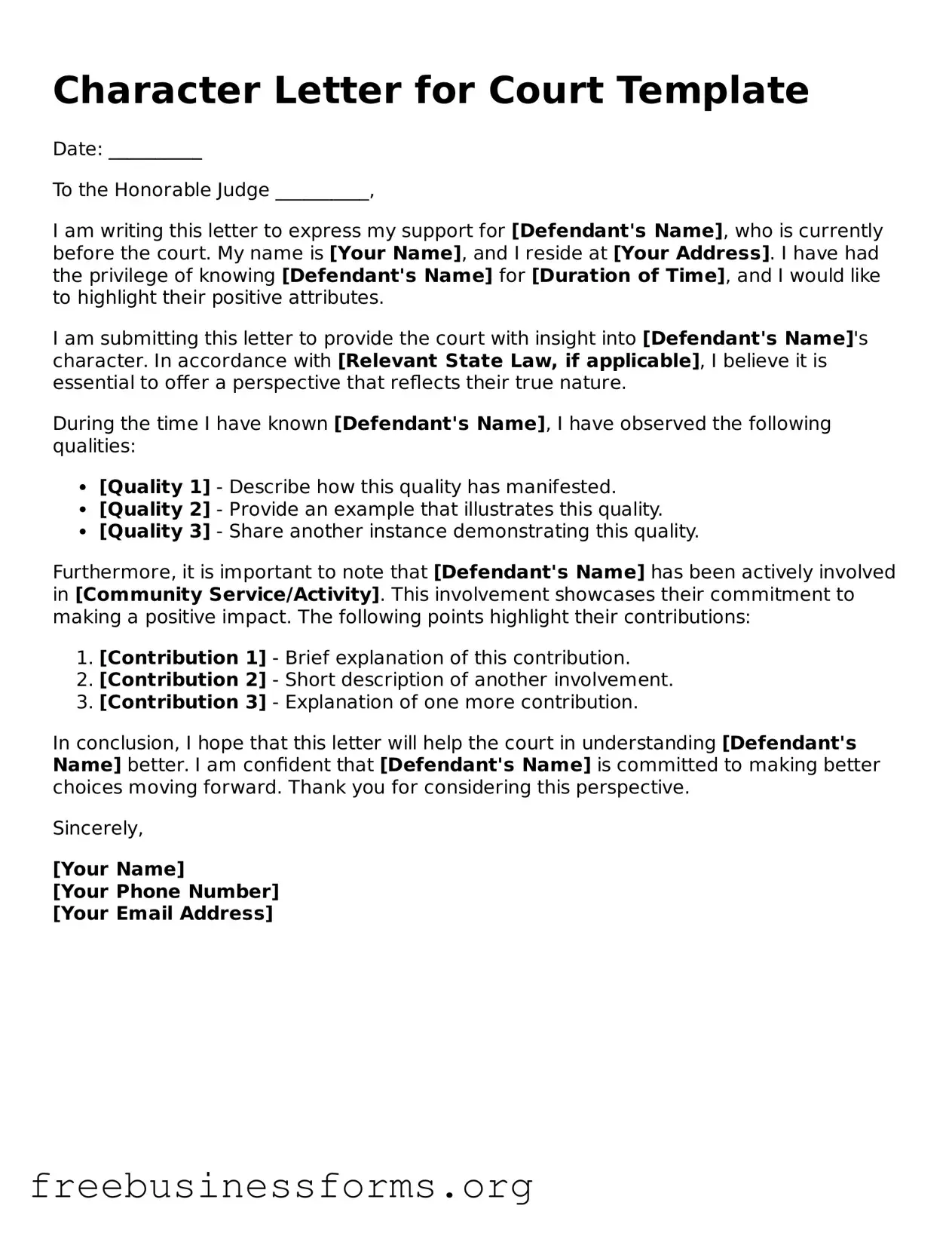 Official Character Letter for Court Form