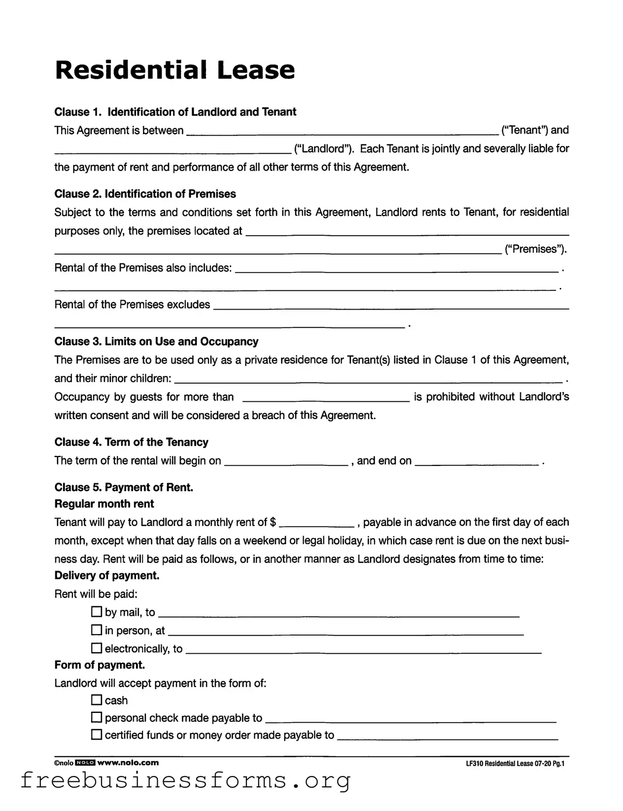 Official Lf310 Residential Lease Form in PDF