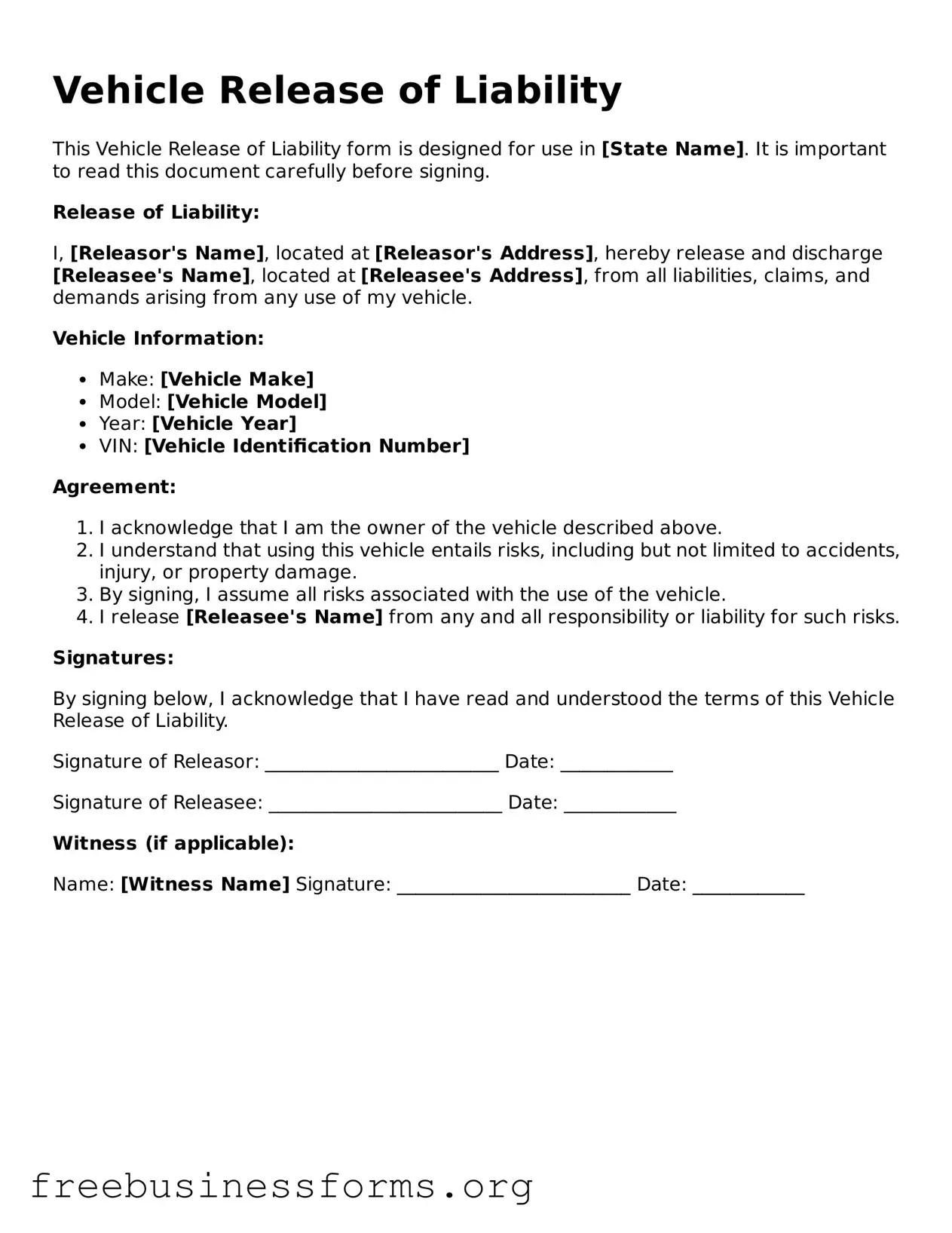 Official Vehicle Release of Liability Form