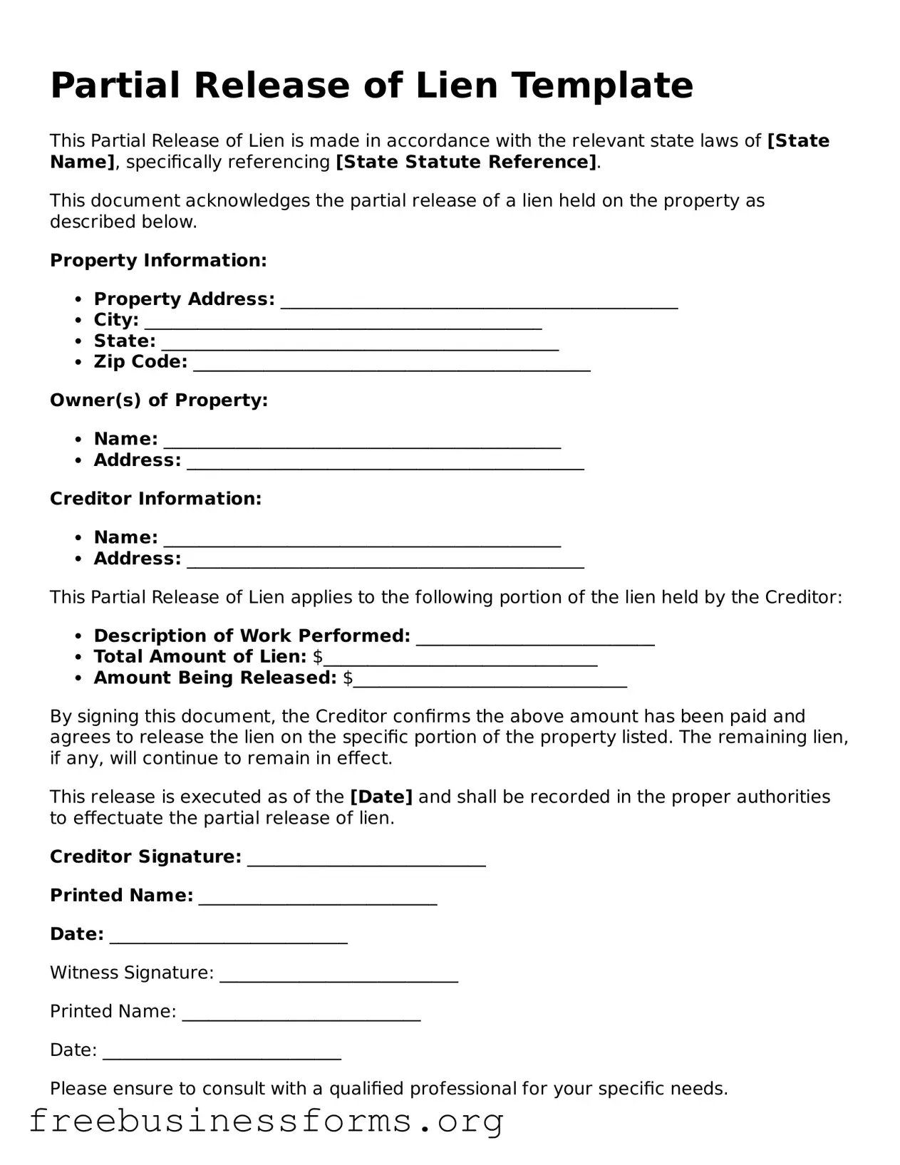 Official Partial Release of Lien Form
