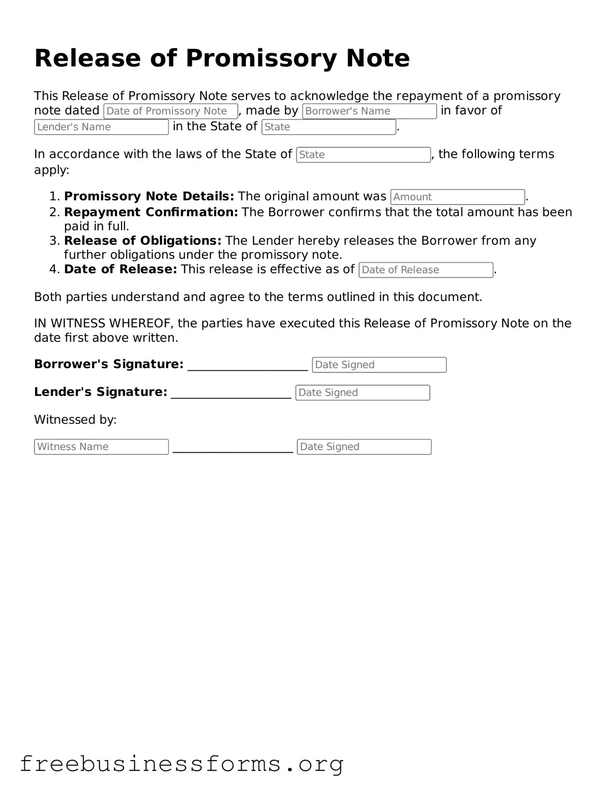 Official Release of Promissory Note Form