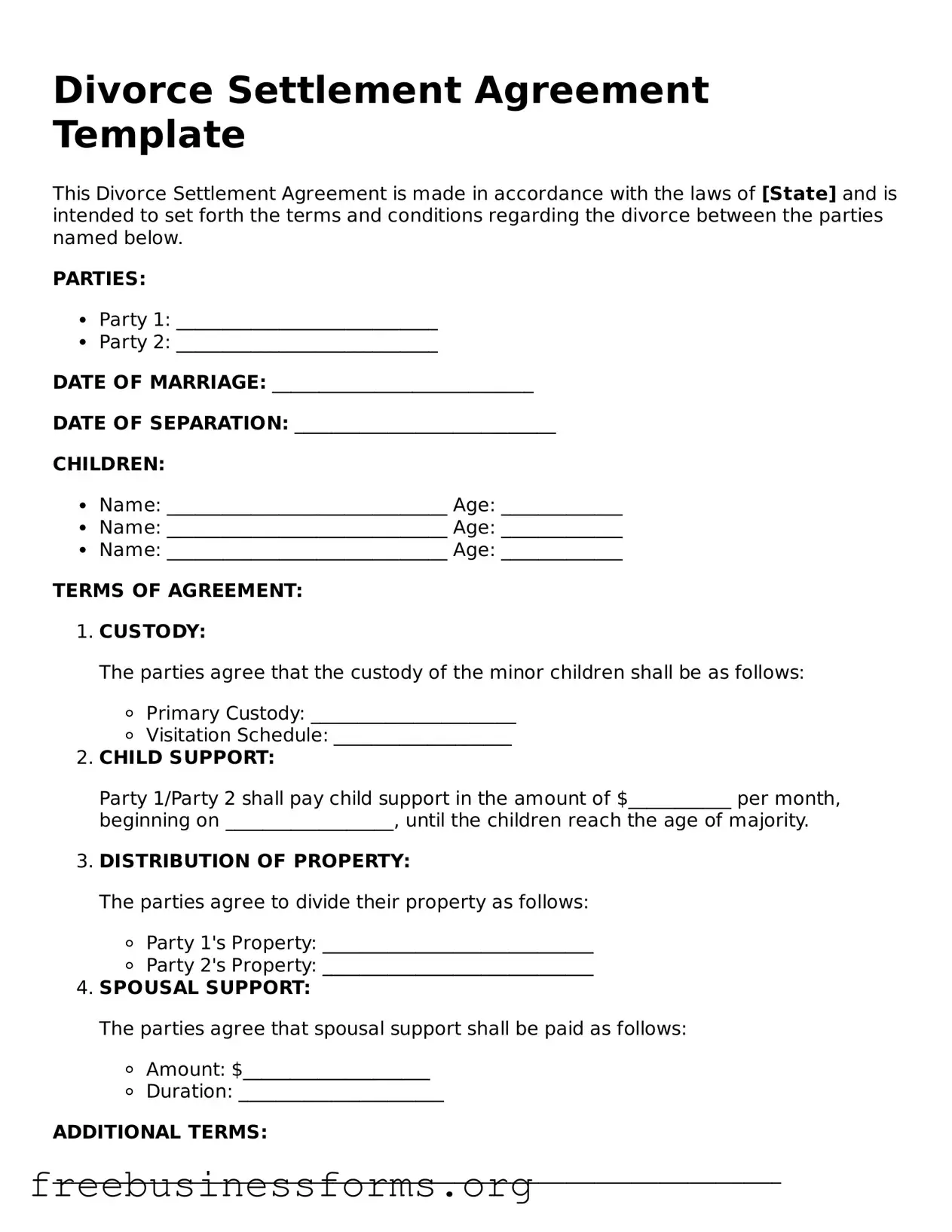 Official Divorce Settlement Agreement Form