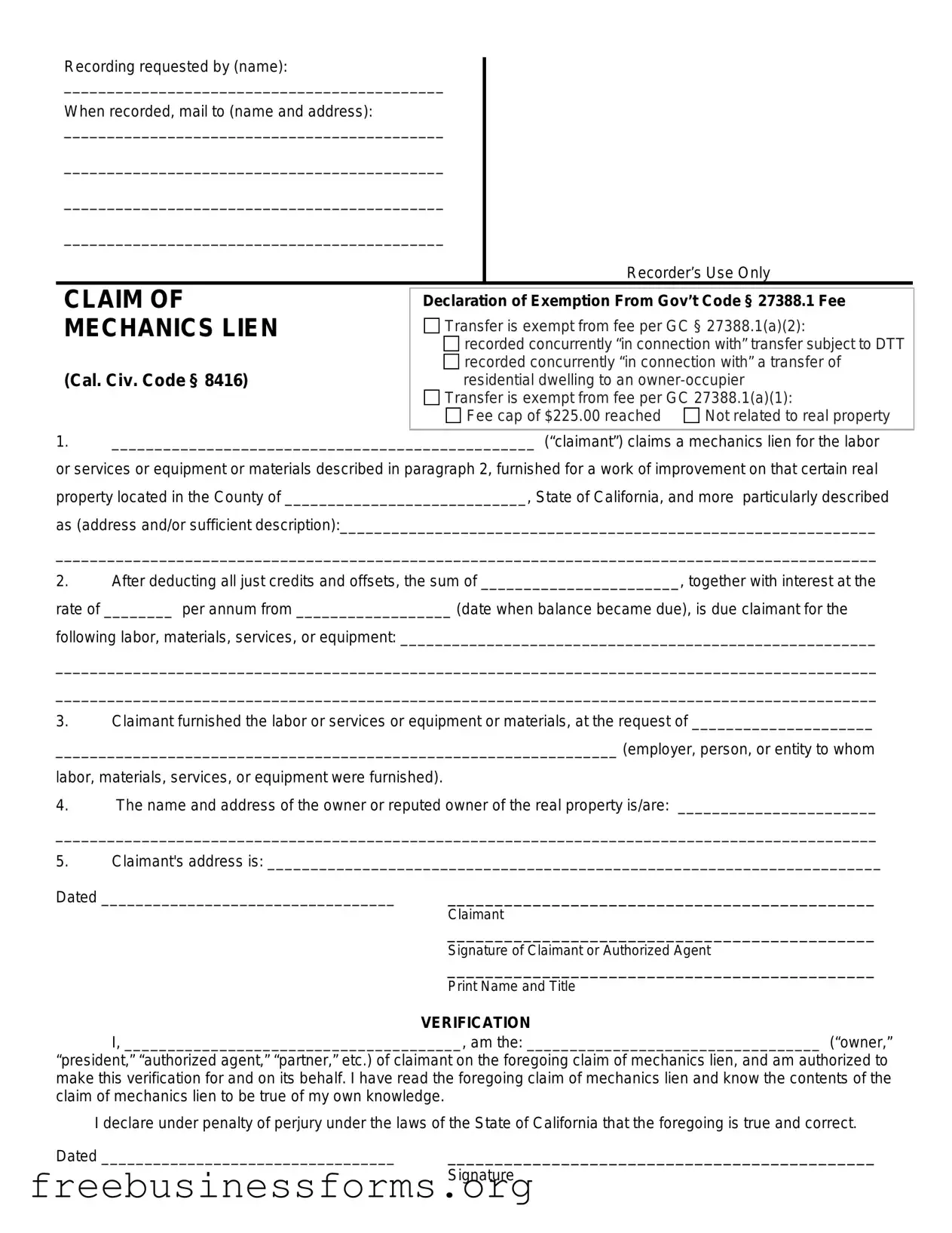 Official Mechanics Lien California Form in PDF