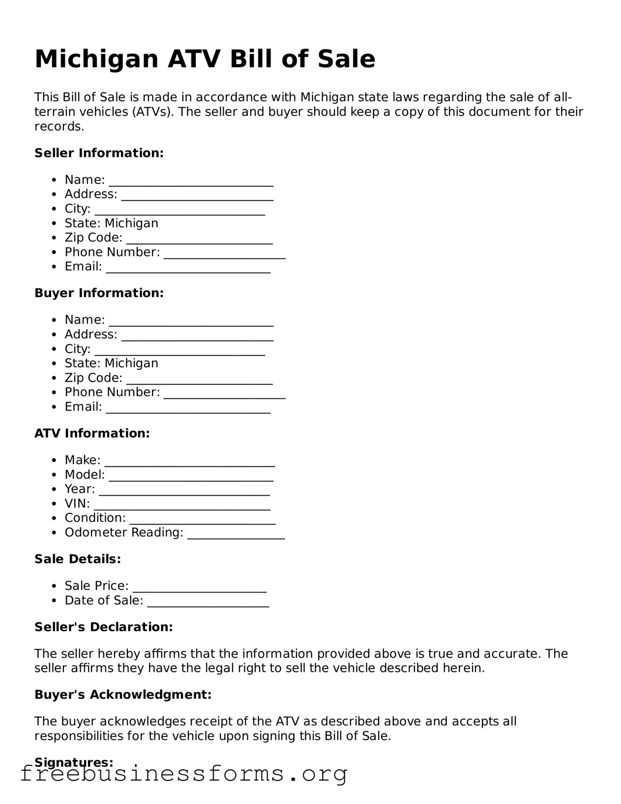 Blank  ATV Bill of Sale Template for Michigan