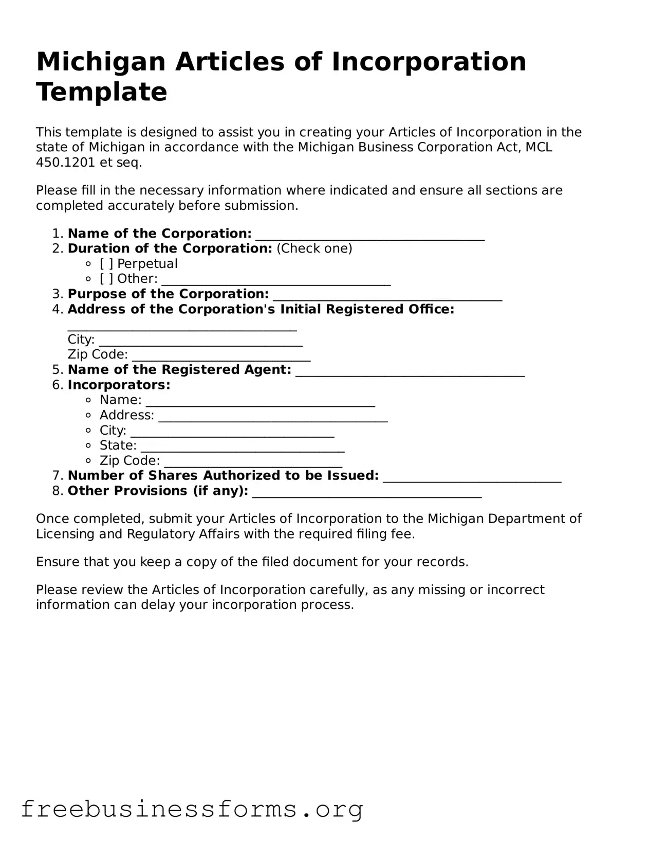 Blank  Articles of Incorporation Template for Michigan