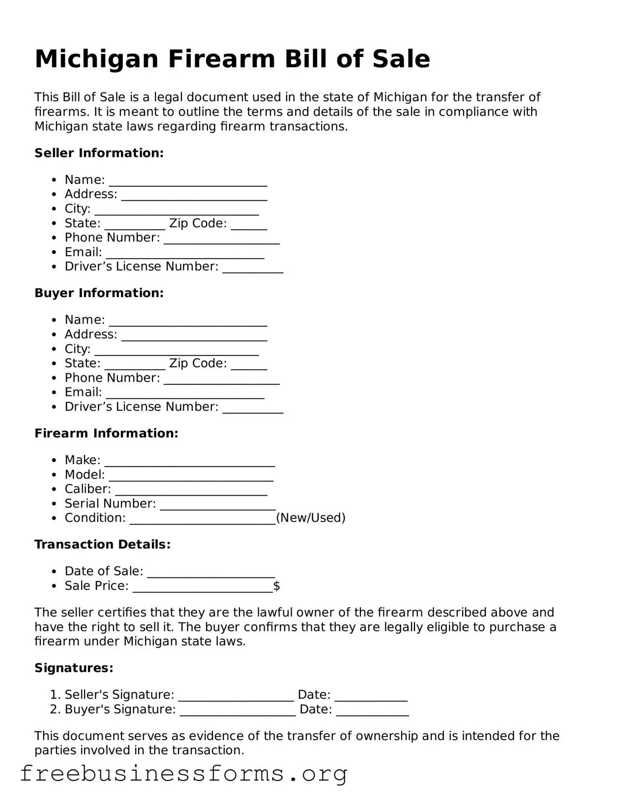 Blank Firearm Bill of Sale Template for Michigan