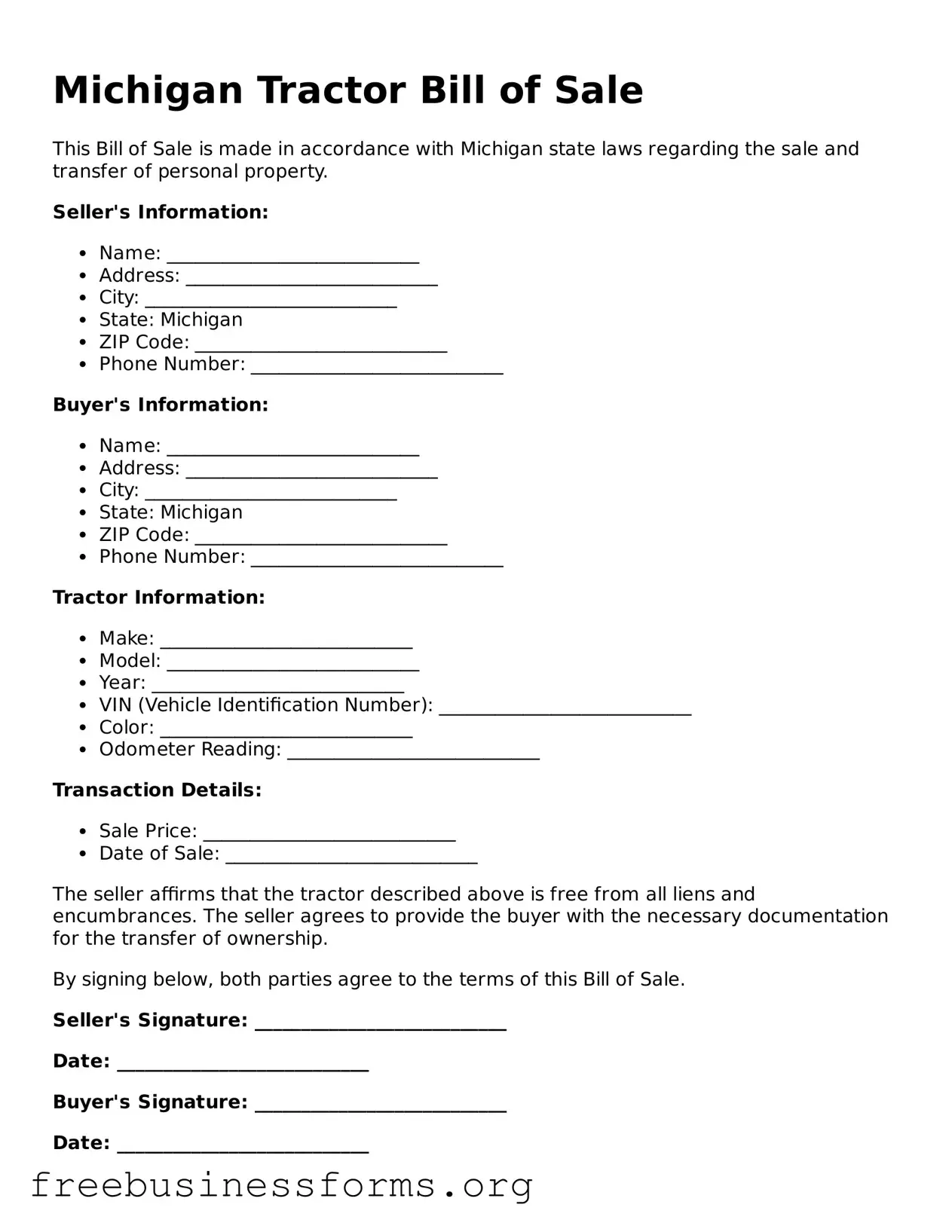 Blank  Tractor Bill of Sale Template for Michigan