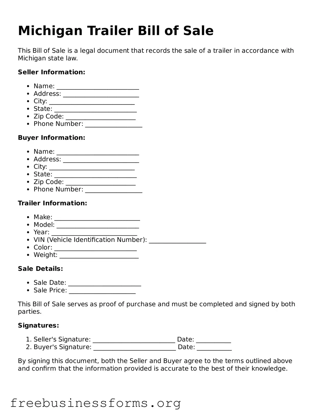 Blank  Trailer Bill of Sale Template for Michigan