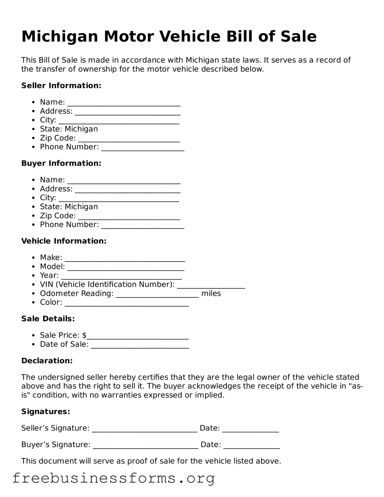 Blank  Motor Vehicle Bill of Sale Template for Michigan
