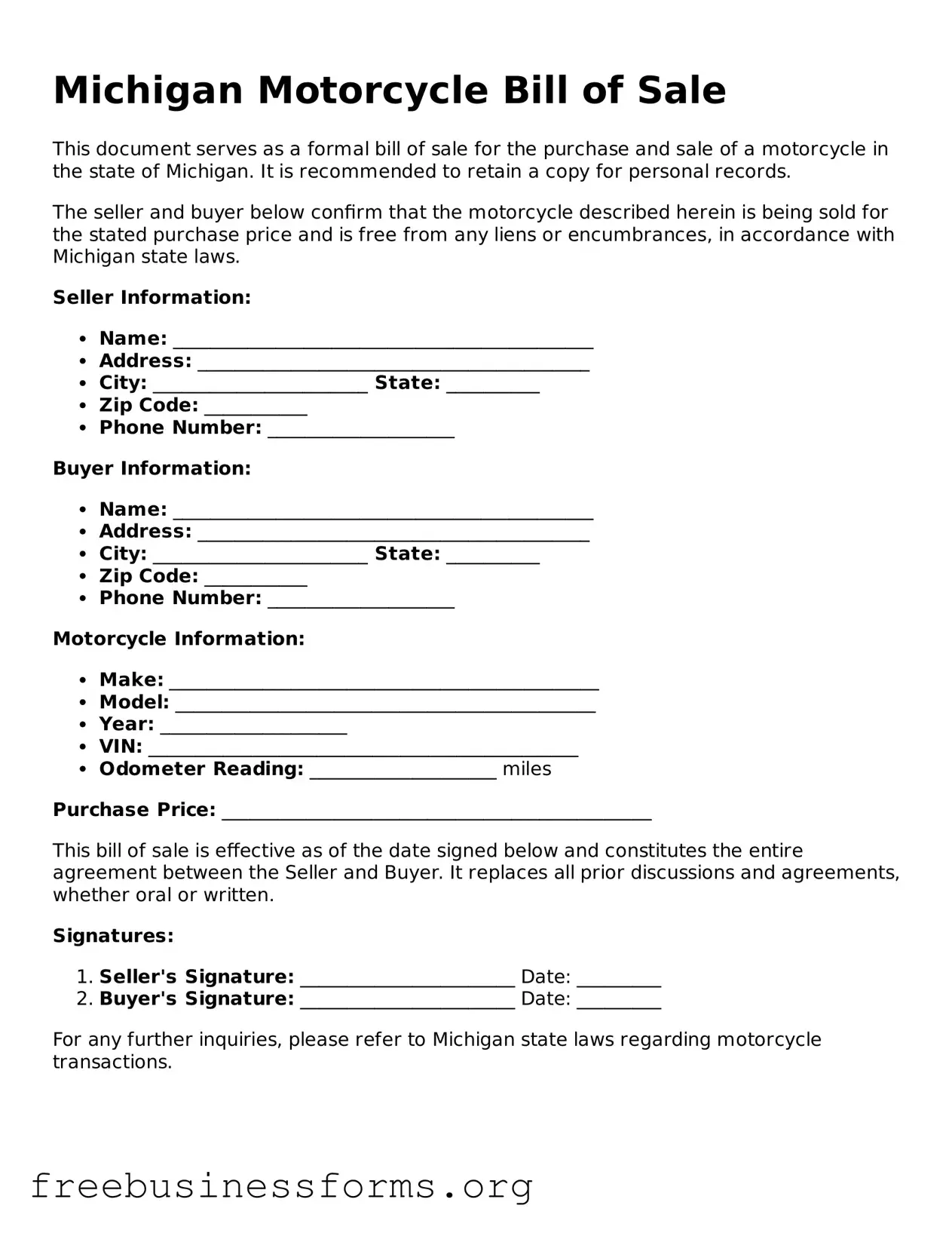 Blank  Motorcycle Bill of Sale Template for Michigan