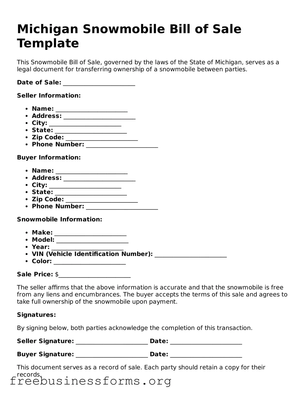 Blank  Snowmobile Bill of Sale Template for Michigan