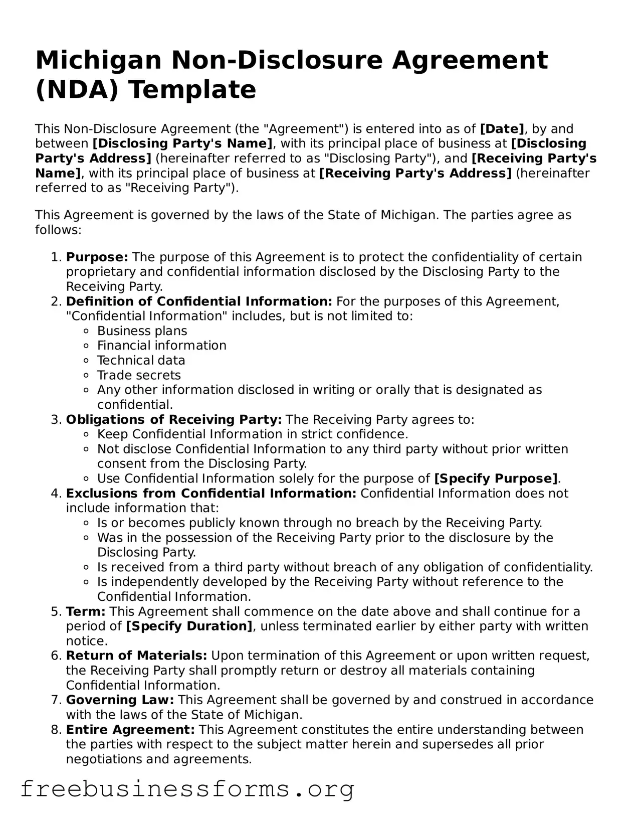 Blank  Non-disclosure Agreement Template for Michigan