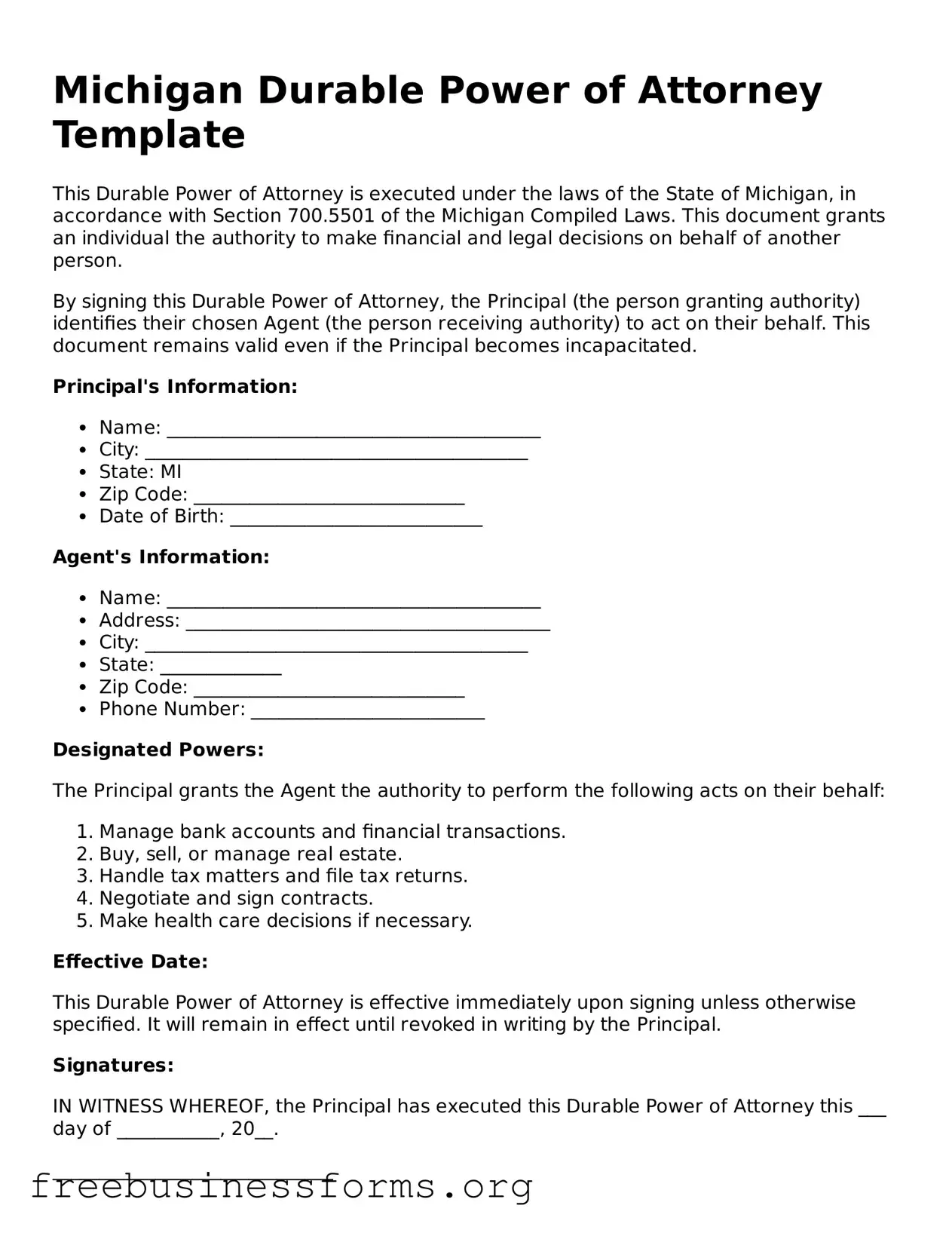 Blank  Durable Power of Attorney Template for Michigan