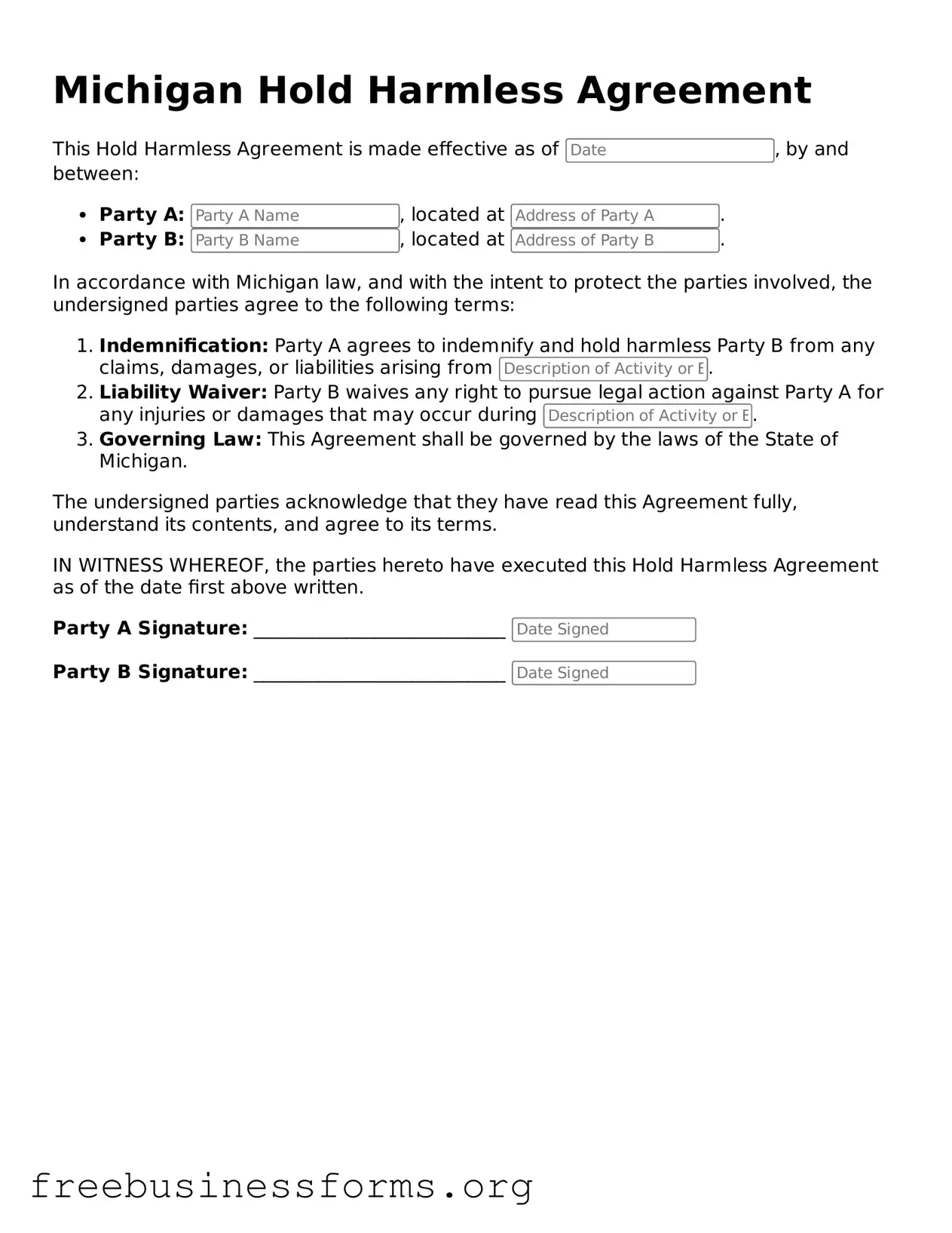 Blank Hold Harmless Agreement Template for Michigan