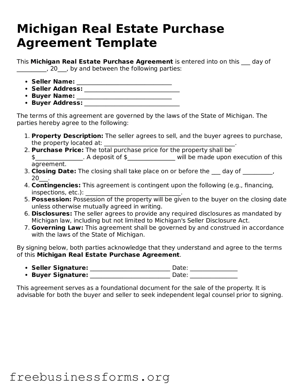 Blank  Real Estate Purchase Agreement Template for Michigan
