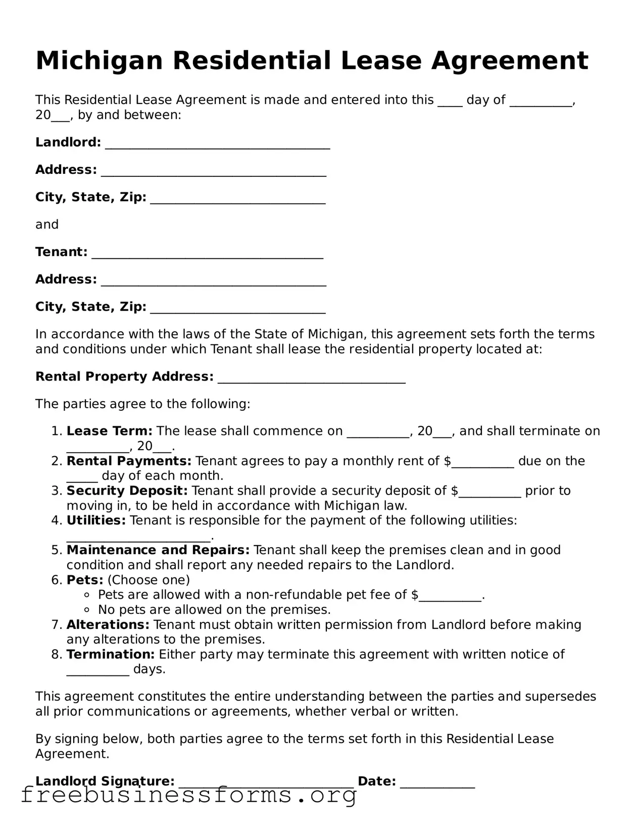 Blank  Residential Lease Agreement Template for Michigan
