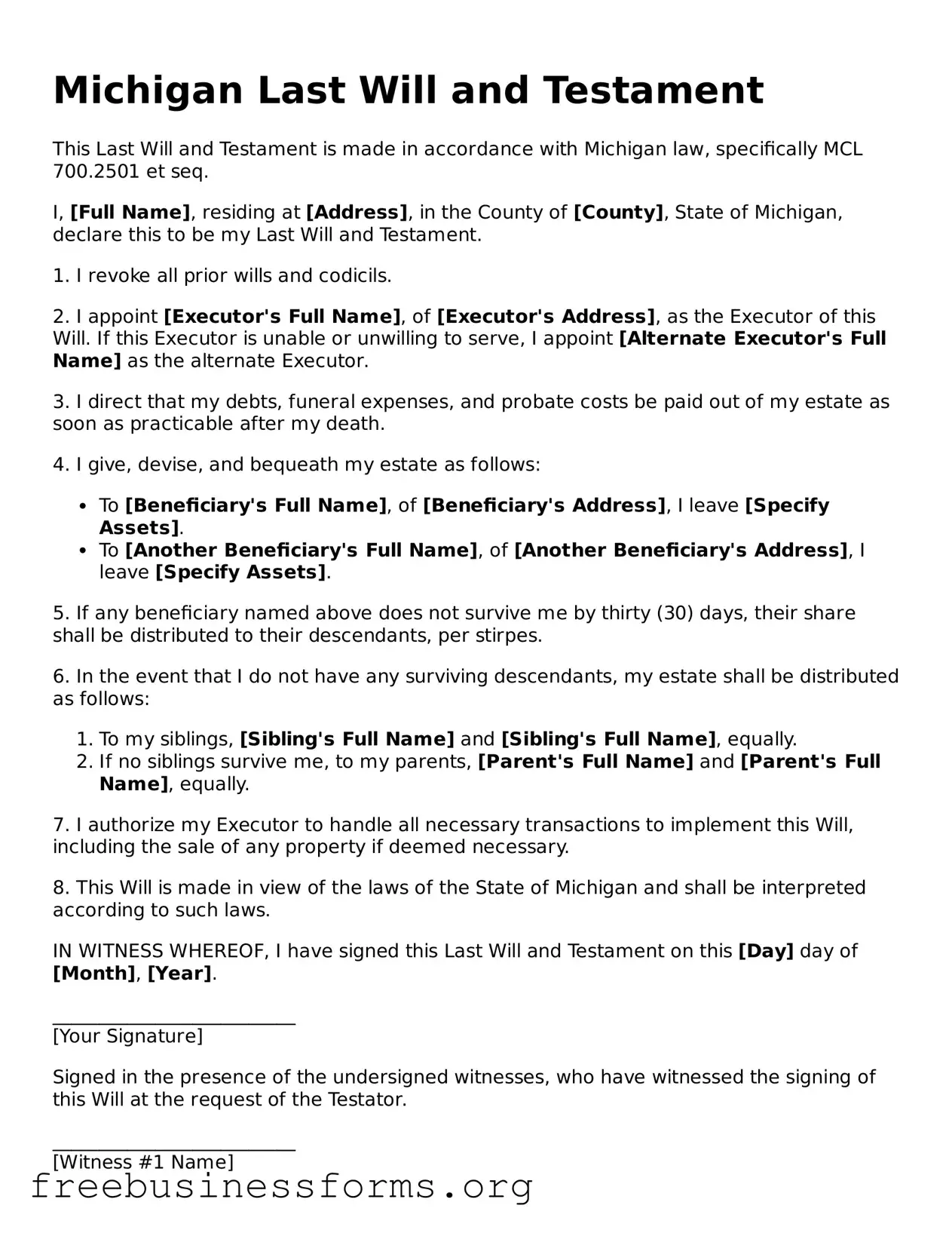 Blank  Last Will and Testament Template for Michigan