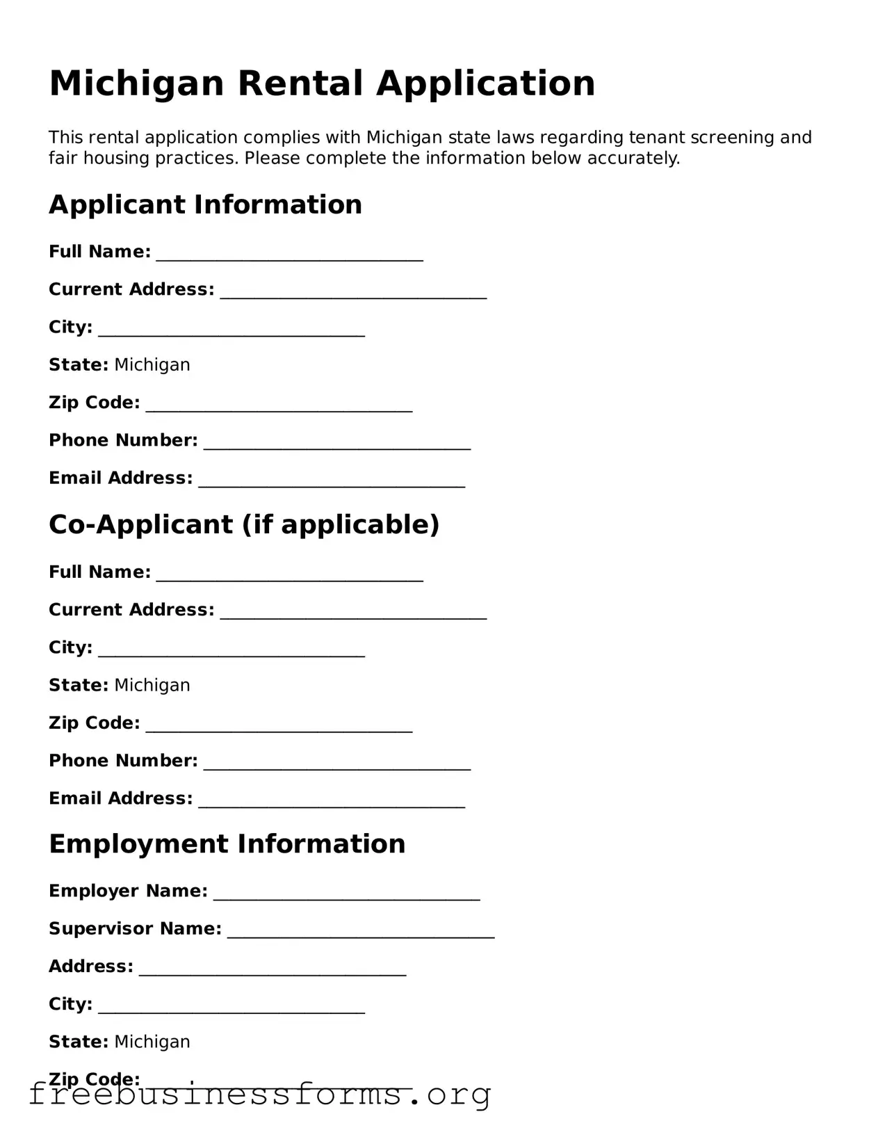 Blank  Rental Application Template for Michigan