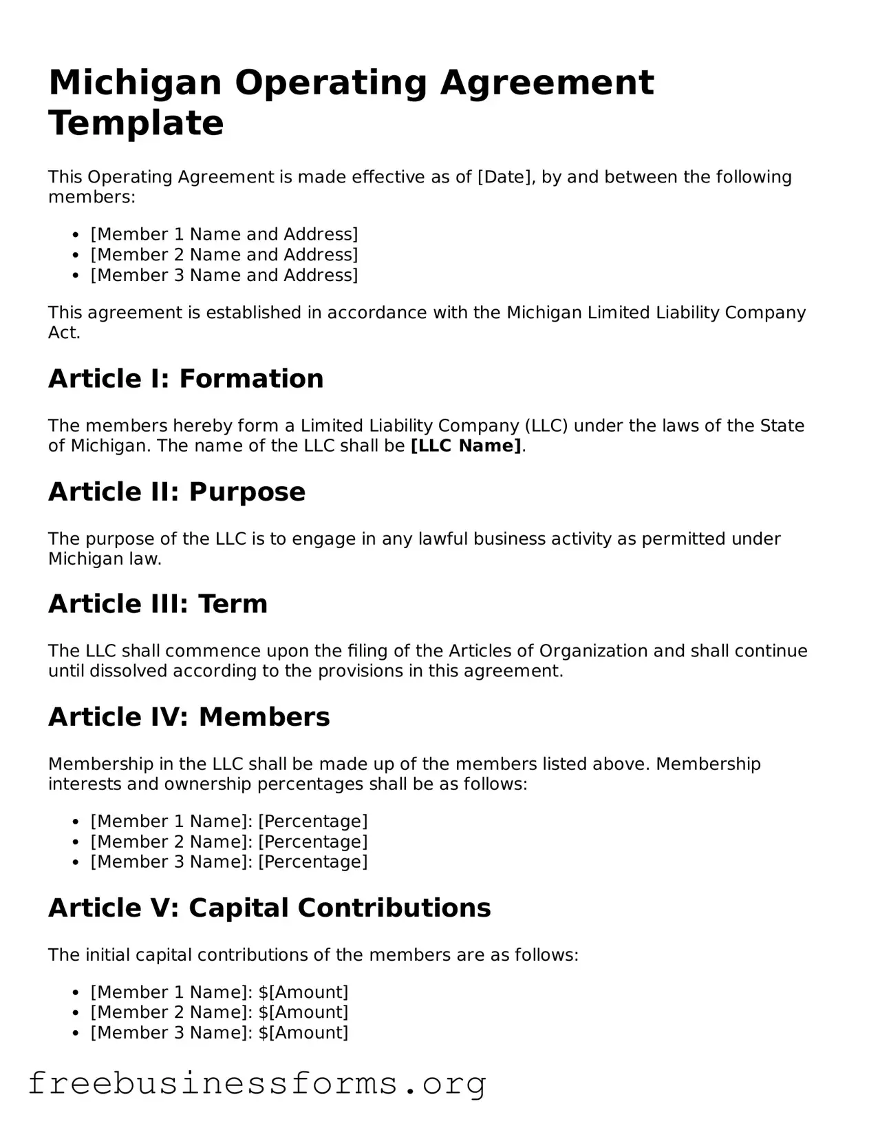 Blank  Operating Agreement Template for Michigan