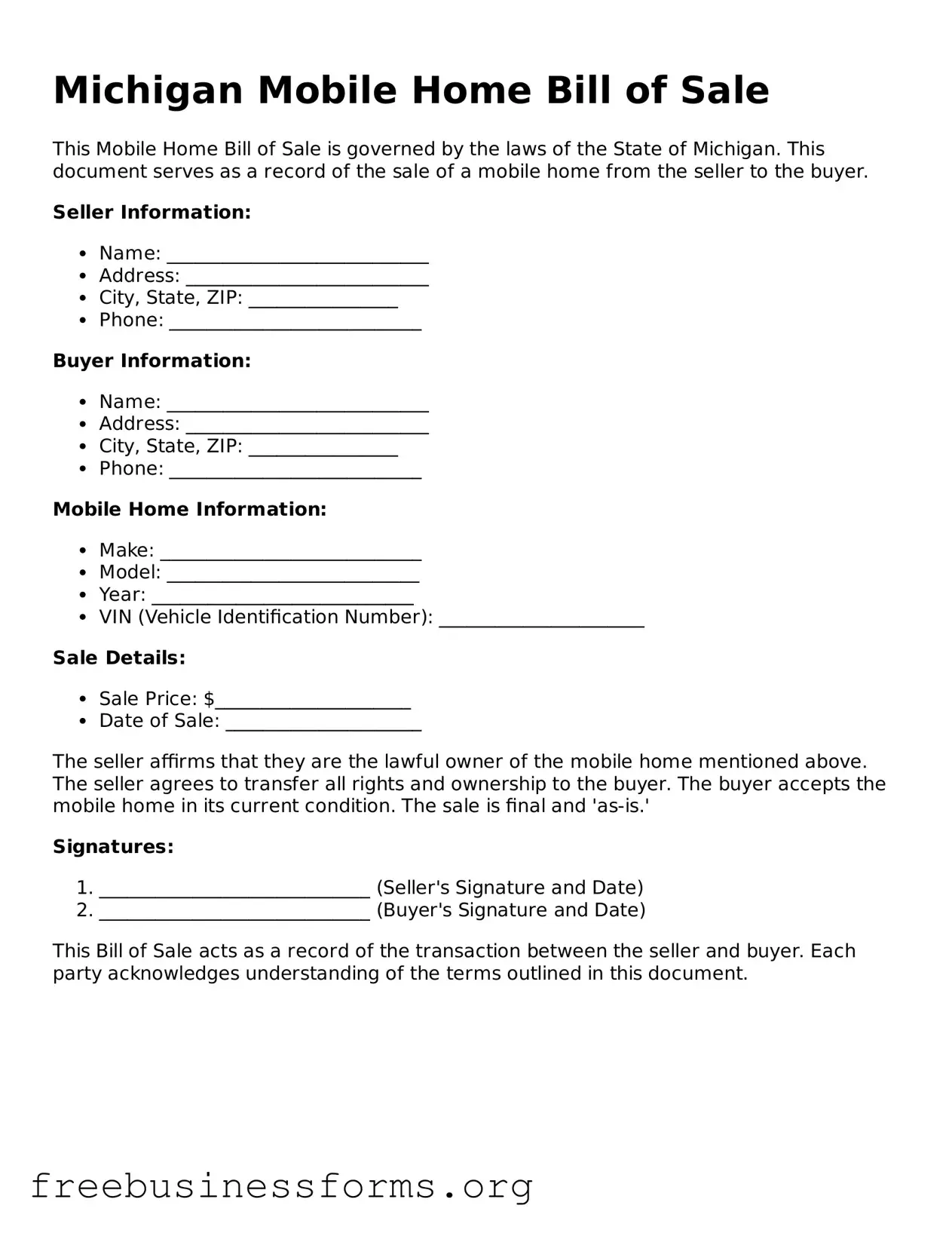 Blank  Mobile Home Bill of Sale Template for Michigan