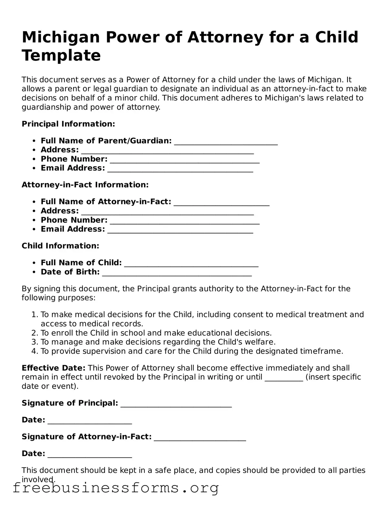 Blank  Power of Attorney for a Child Template for Michigan