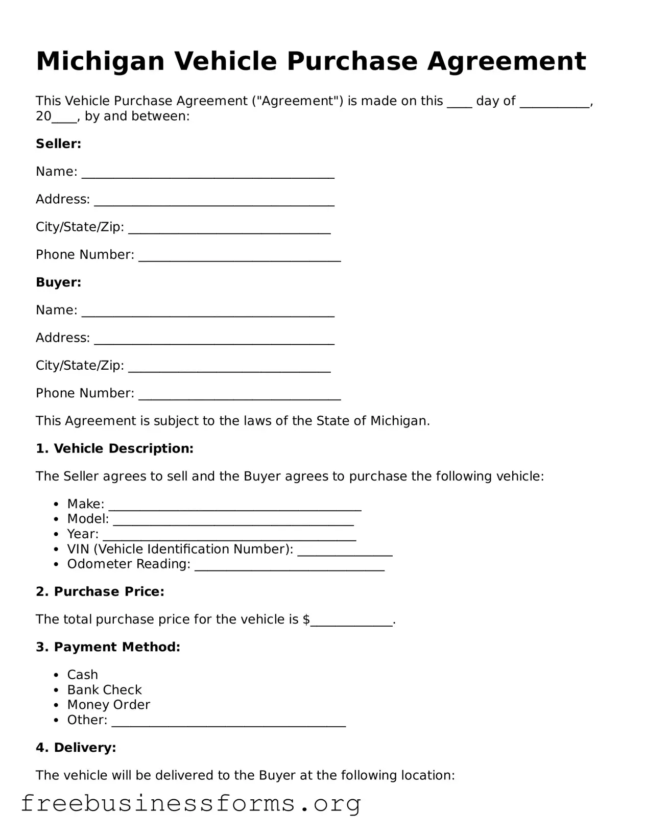 Blank  Vehicle Purchase Agreement Template for Michigan
