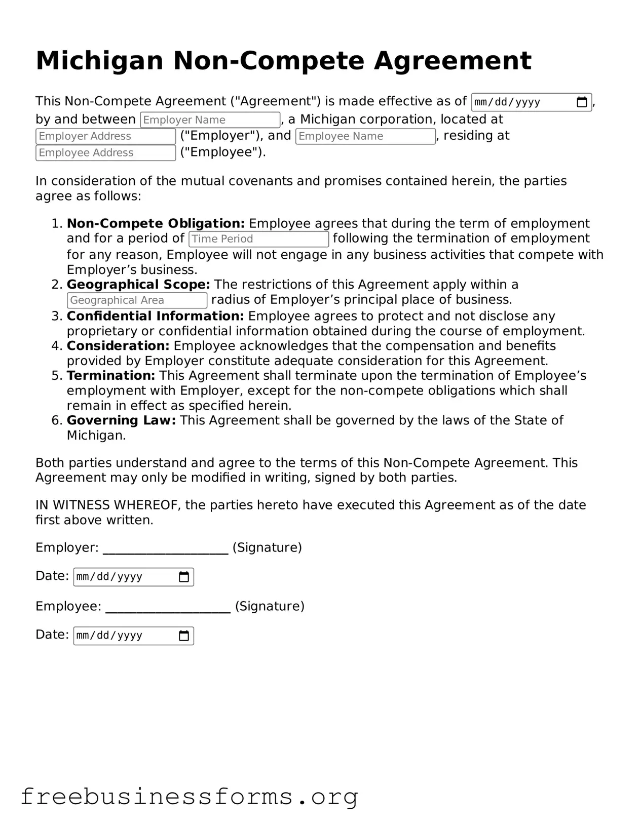 Blank  Non-compete Agreement Template for Michigan