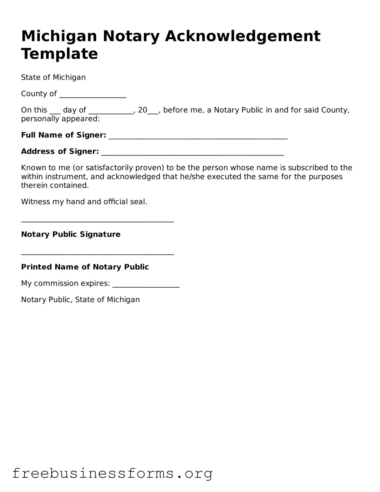 Blank Notary Acknowledgement Template for Michigan