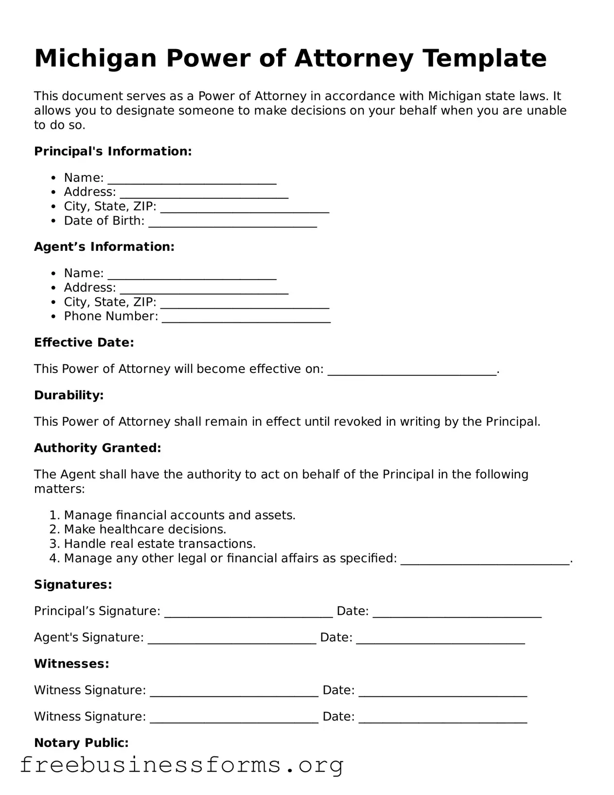 Blank  Power of Attorney Template for Michigan