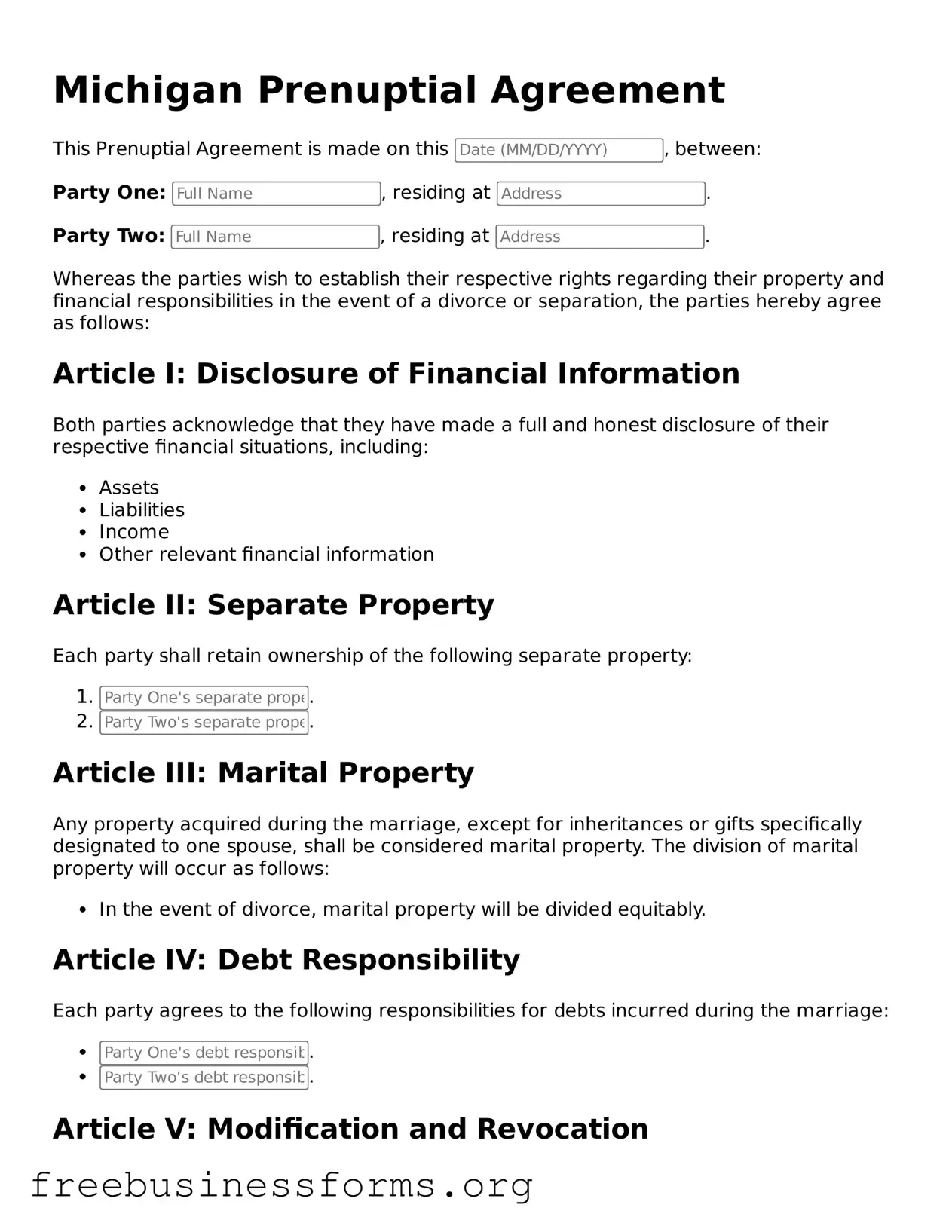 Blank  Prenuptial Agreement Template for Michigan