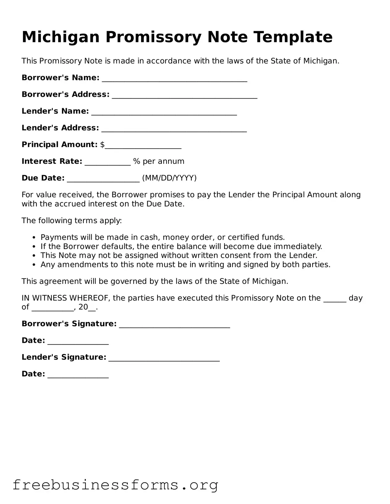 Blank  Promissory Note Template for Michigan