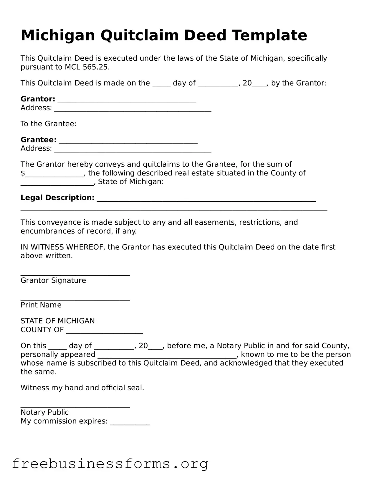 Blank  Quitclaim Deed Template for Michigan