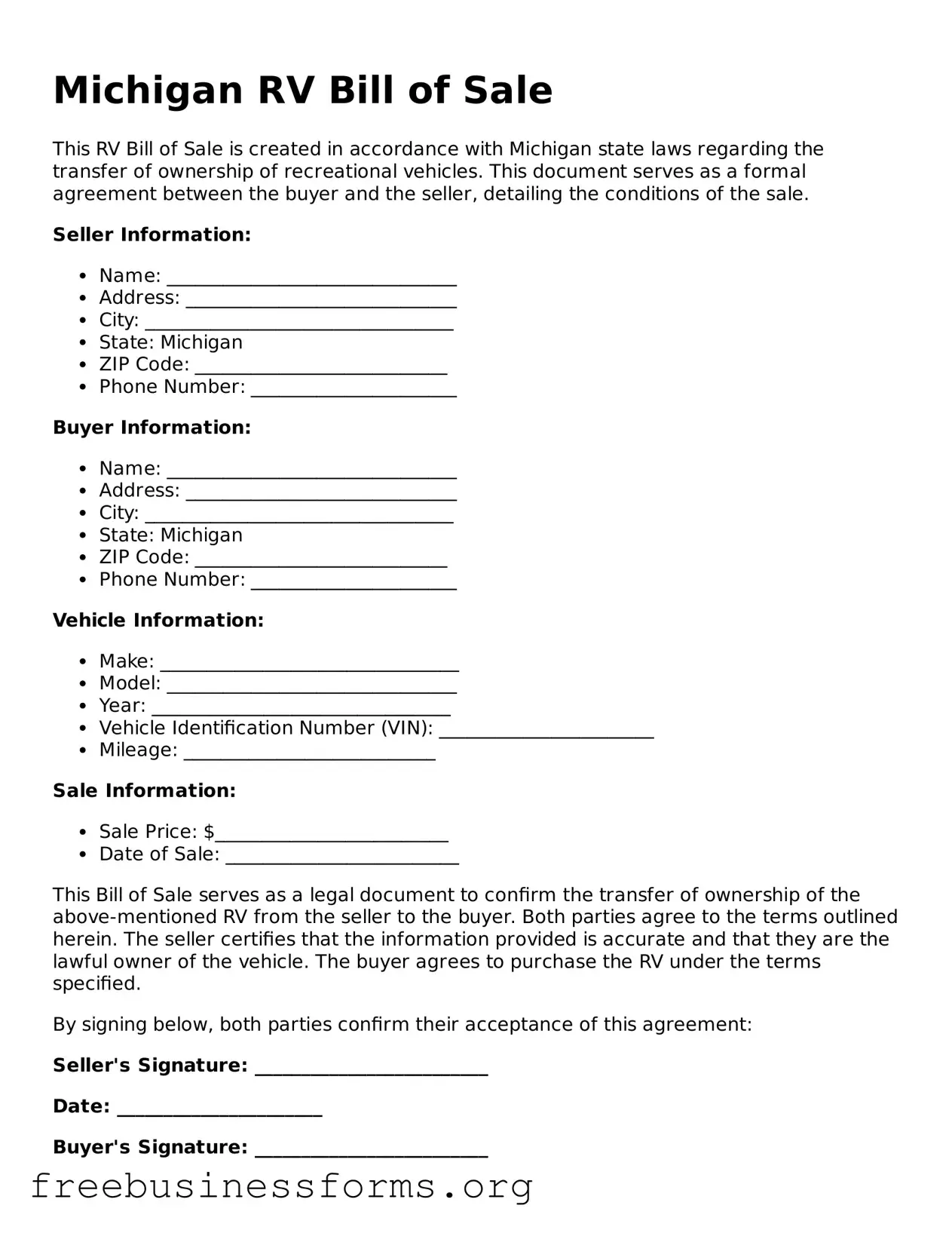 Blank  RV Bill of Sale Template for Michigan