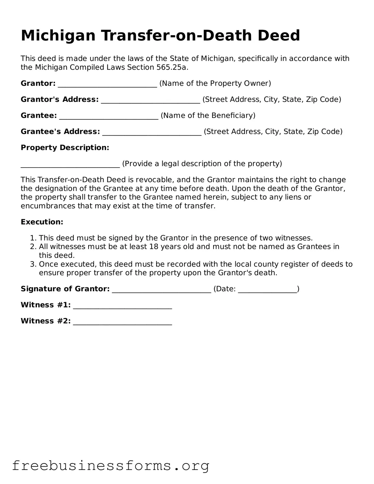 Blank  Transfer-on-Death Deed Template for Michigan