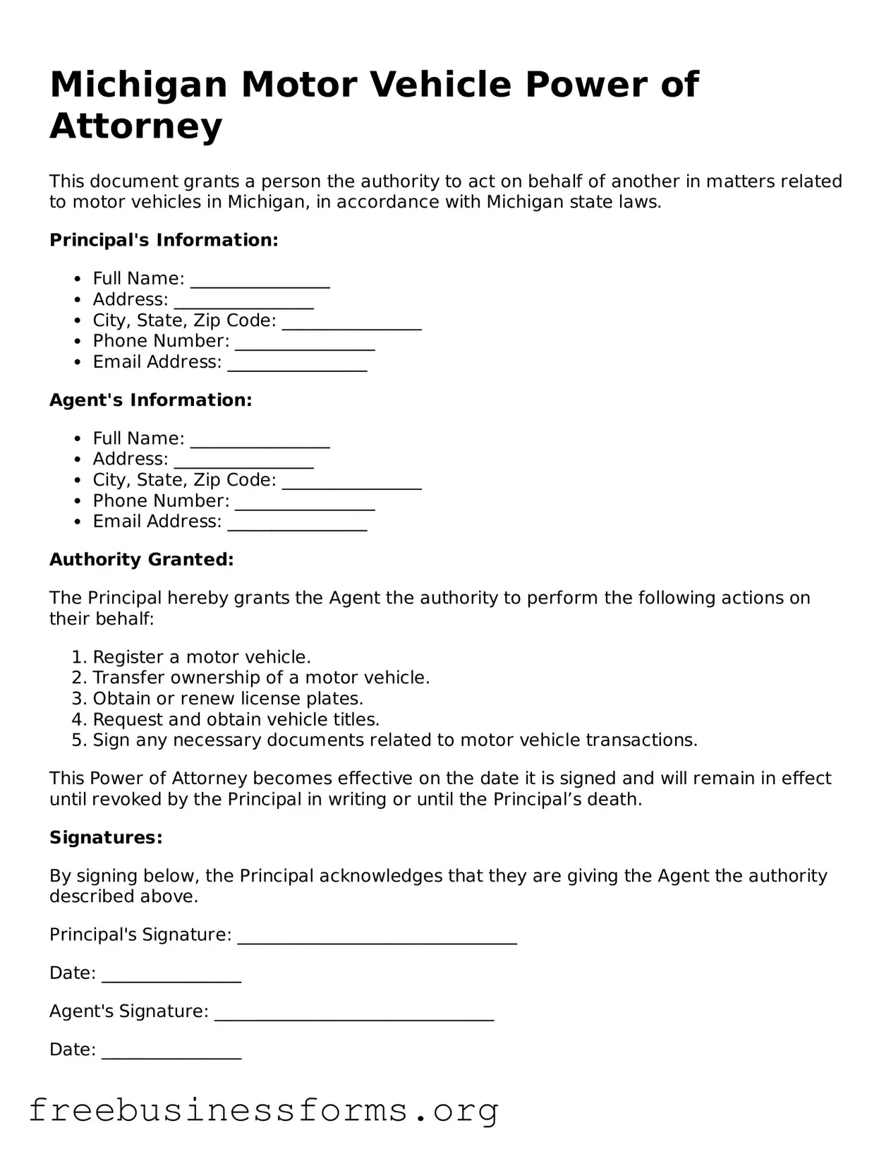 Blank  Motor Vehicle Power of Attorney Template for Michigan