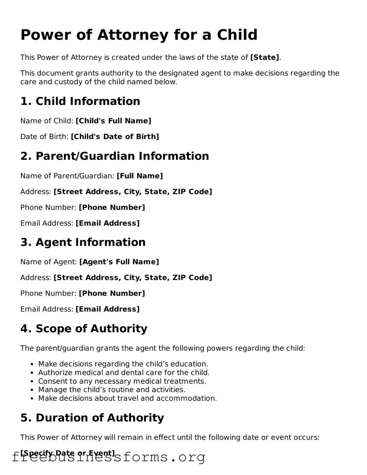 Official Power of Attorney for a Child Form
