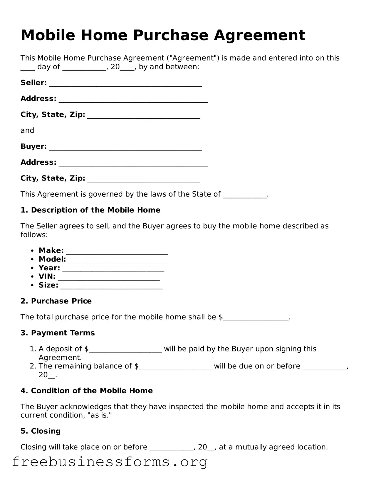 Official Mobile Home Purchase Agreement Form
